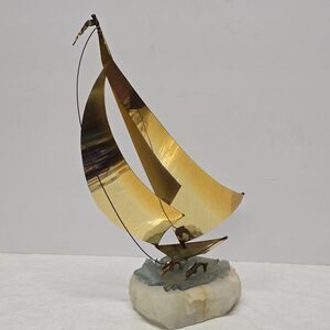 Vintage De Mott Sail Boat W/ Dolphins Sculpture Copper Brass On Onyx Base 11"